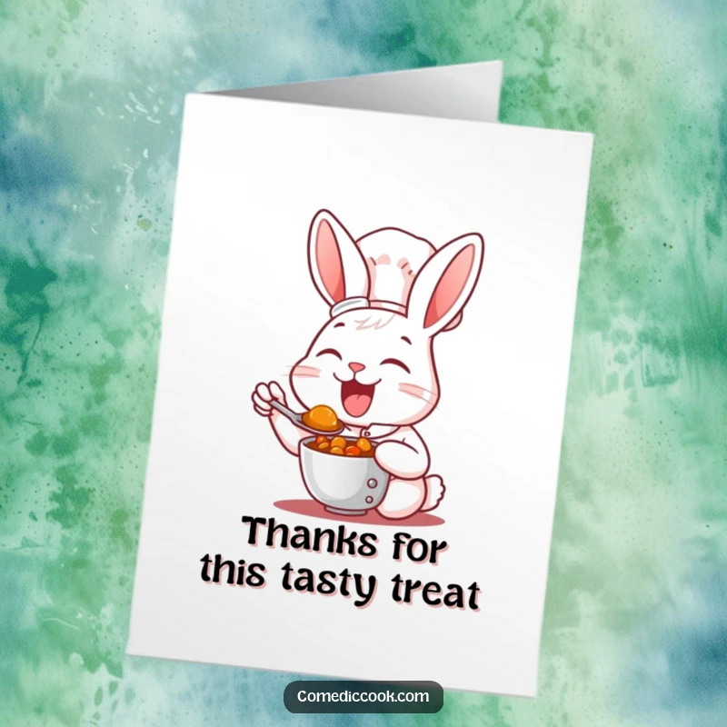 Funny Free Printable Thank You Card: Rabbit chef happily tastes stew, showing appreciation for a good deed.