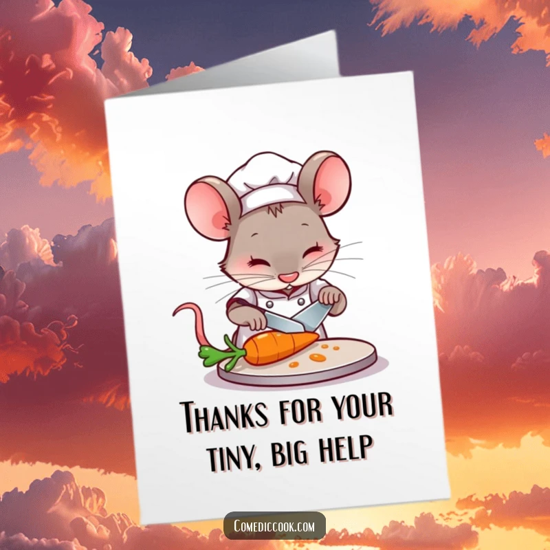Funny free printable thank you card: A concentrated mouse chef carefully slices a miniature carrot with a knife, a tasty thank you.