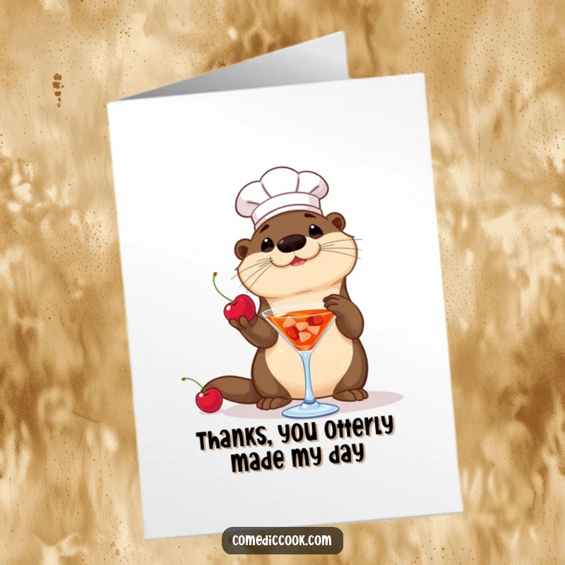Funny free printable thank you card: A playful otter chef tosses a cherry into a cocktail glass, a sweet thank you.
