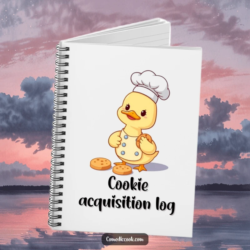 Funny smiling duckling chef carefully gathering a tiny cookie on the cover of a humorous notebook.