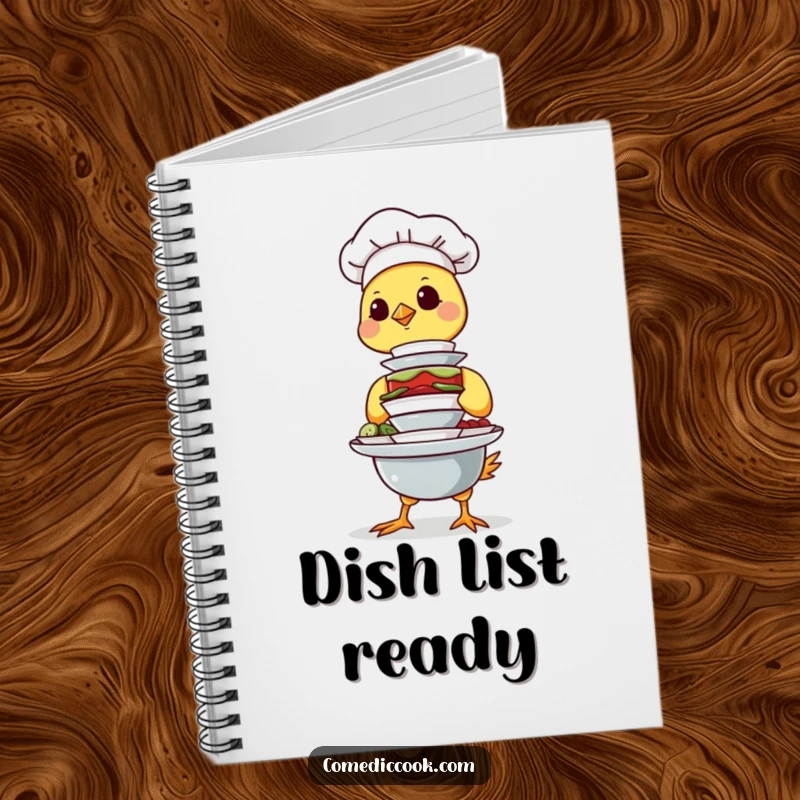Funny Chick Chef Notebook with a determined chick balancing a stack of tiny dishes, ideal for jotting down tasks or notes, a humorous gift.