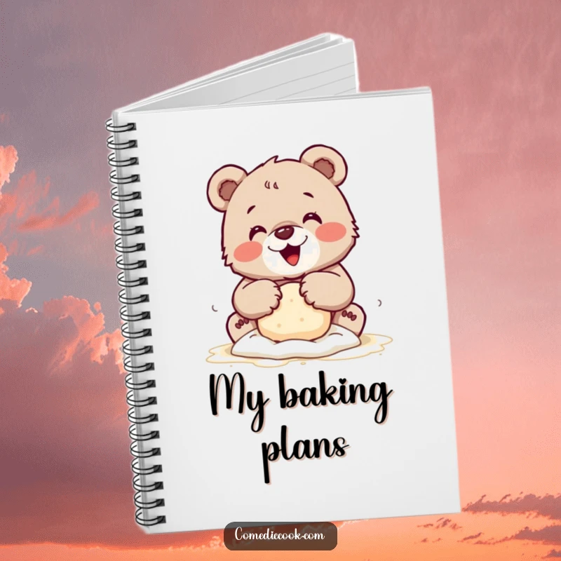 Funny notebook featuring a tiny bear cub kneading dough with floury paws, ideal for jotting down recipes and baking ideas.