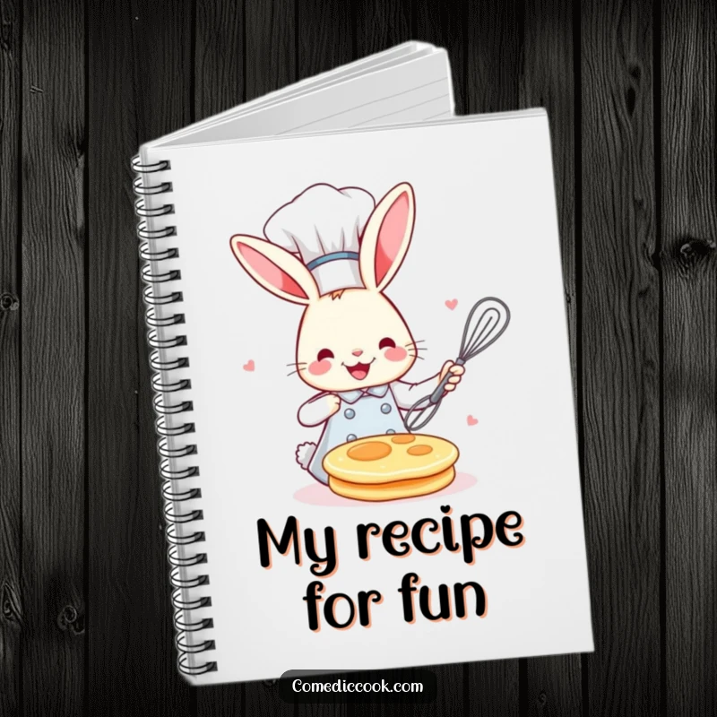 Funny bunny chef with a toque, flipping a pancake, featured on the cover of a notebook for jotting down recipes and ideas.