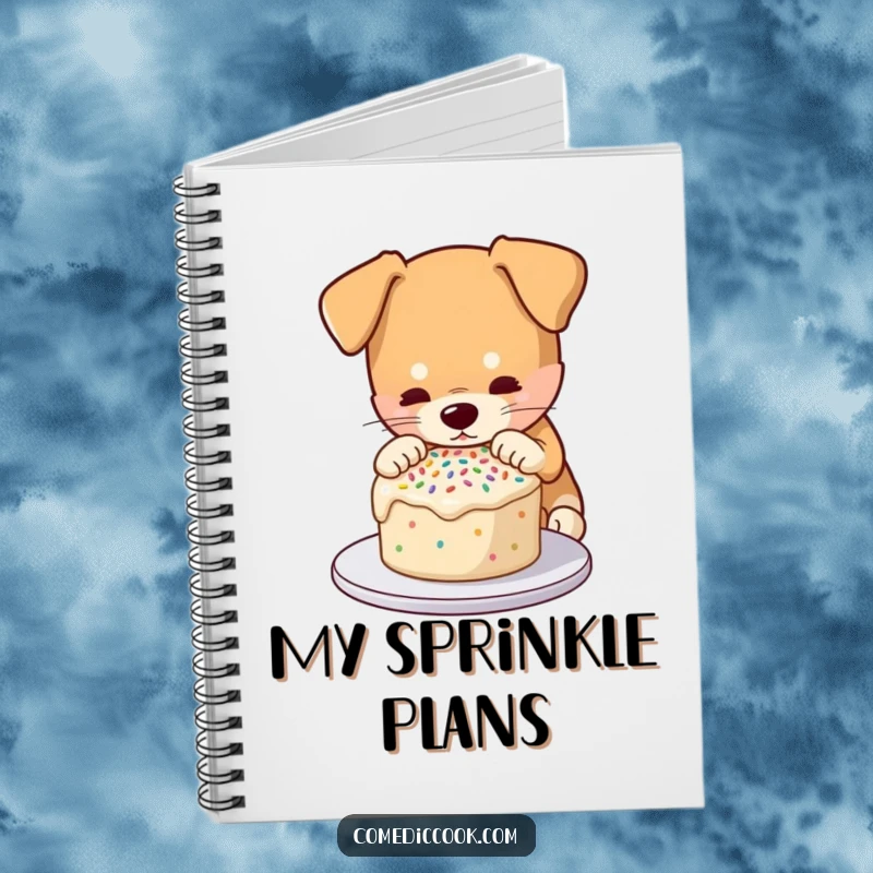 Funny notebook featuring a dog carefully decorating a cake with sprinkles, ideal for recipe planning and creative baking notes.