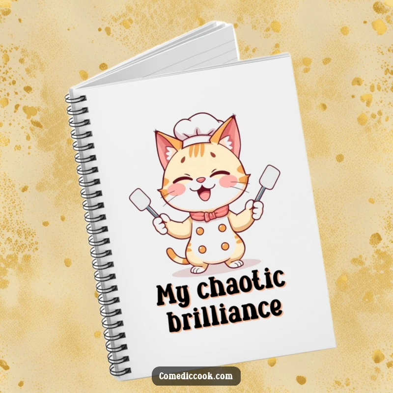 Funny cat chef juggling spatulas, featured on the cover of a notebook for jotting down recipes and kitchen ideas.