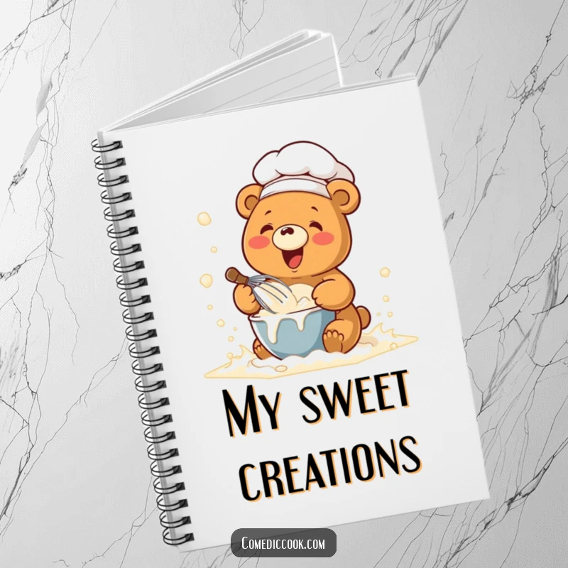 Funny notebook featuring a kawaii chef bear whisking batter in a flour cloud, ideal for recording ideas with a humorous theme.