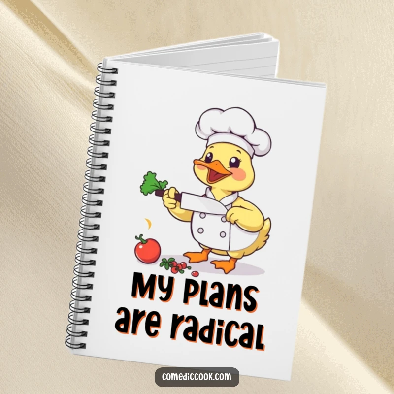 Funny Duck Chef Notebook: A bouncing duck chef chops vegetables, perfect for jotting down energetic cooking notes.