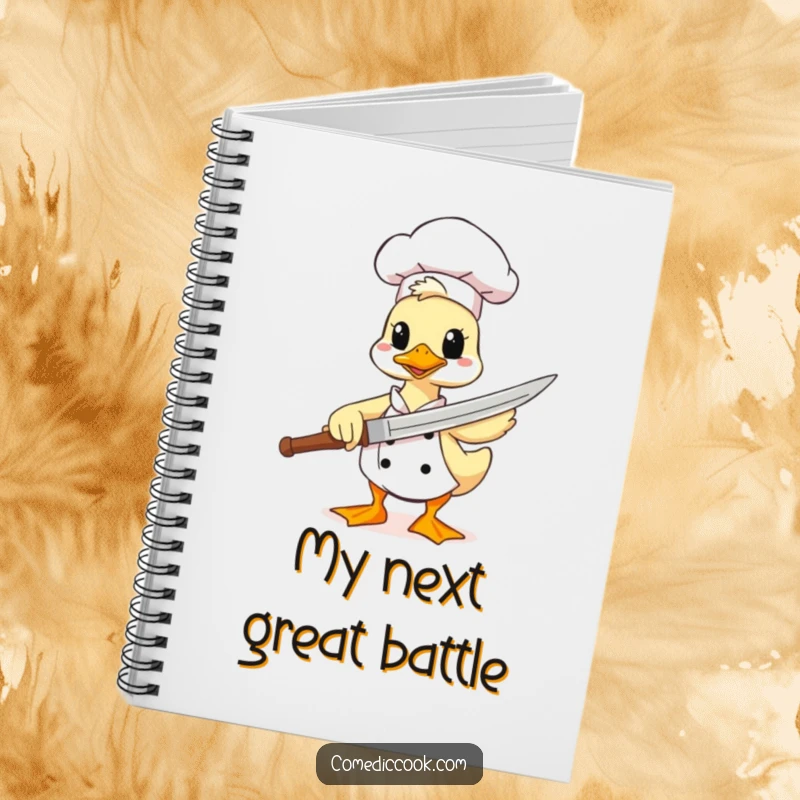 Funny duck chef notebook, a comical character using a spatula as a sword, designed for note-taking with a humorous and strategic kitchen theme.