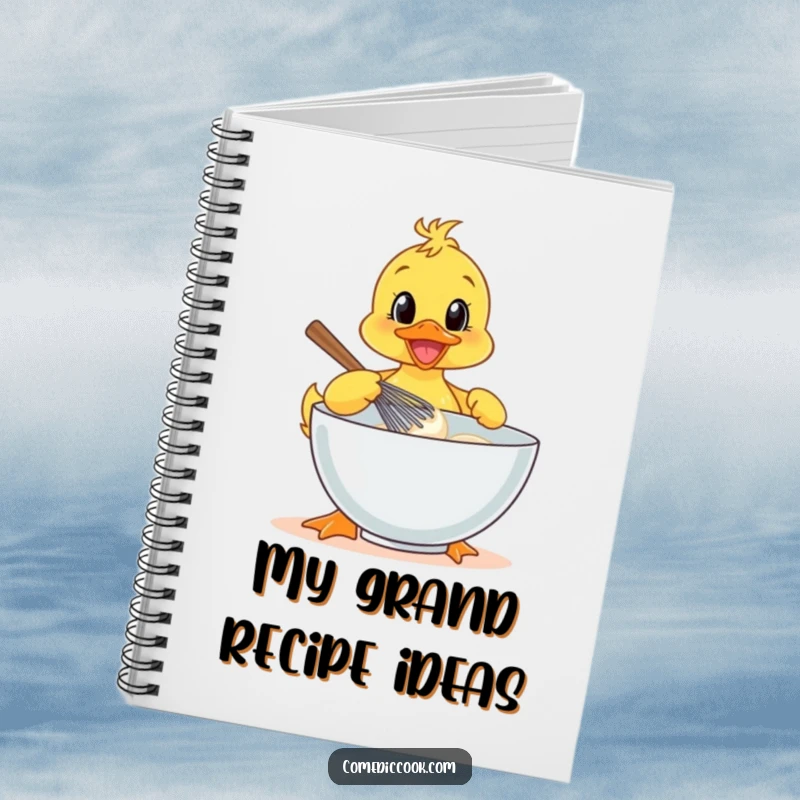 Funny duckling enthusiastically whisking batter on a notebook cover, a cute and funny stationery gift.