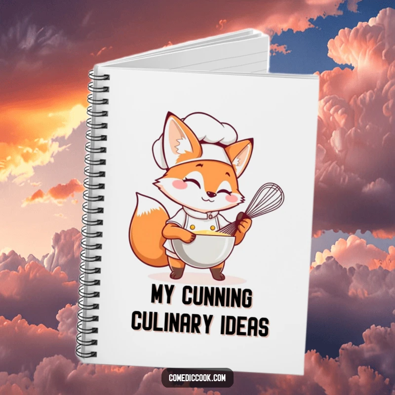 Funny Fox Chef Notebook with a winking fox whisking, perfect for recipes and creative notes.