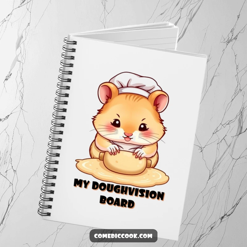 Funny hamster chef notebook, a focused character rolling dough with tiny paws, designed for note-taking with a humorous and baking-themed focus.