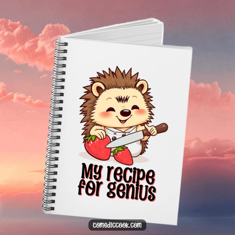 Funny Hedgehog Chef Notebook with a smiling hedgehog chef slicing a strawberry, perfect for capturing notes with a dash of humor.
