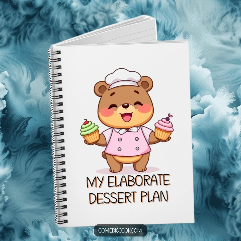 Funny Kawaii bear chef notebook with a character juggling cupcakes, suitable for recipes.