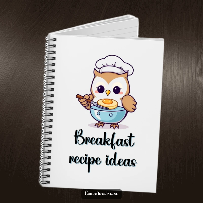 Funny Kawaii owl chef notebook with a character flipping a pancake, suitable for recipes.
