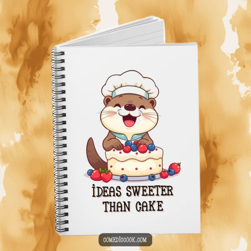 Funny Otter Chef Cake Notebook: Smiling otter happily decorating a cake with berries, ideal for recipe writing.