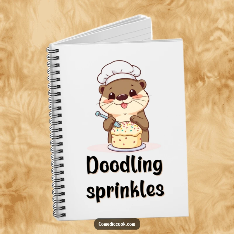 Funny otter chef notebook with a happy otter decorating a tiny cake with sprinkles, ideal for jotting down recipes, sweet ideas, or baking notes.