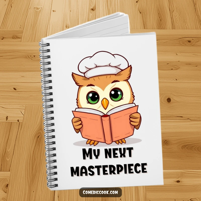Funny owl chef peering into a cookbook, featured on the cover of a notebook for jotting down recipes and culinary insights.
