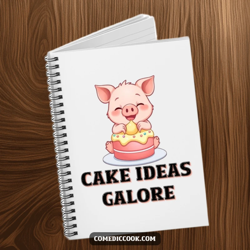 Funny notebook cover with a smiling piglet frosting a tiny cake, perfect for recipe notes.