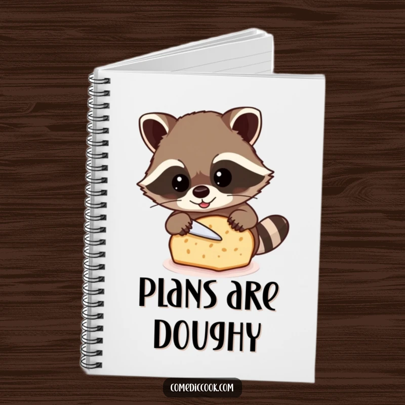 Funny raccoon notebook with a beaming raccoon carefully slicing a loaf of bread, ideal for recipe writing.