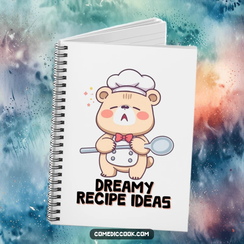 Funny Sleepy Bear Chef Notebook with a yawning bear holding a giant spoon, ideal for jotting down ideas or recipes, a humorous gift.