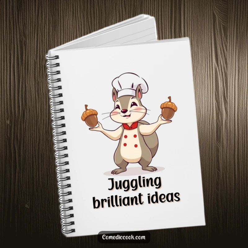 Funny squirrel chef notebook, a determined character artistically juggling acorns, designed for note-taking with a humorous and creative nutty theme.