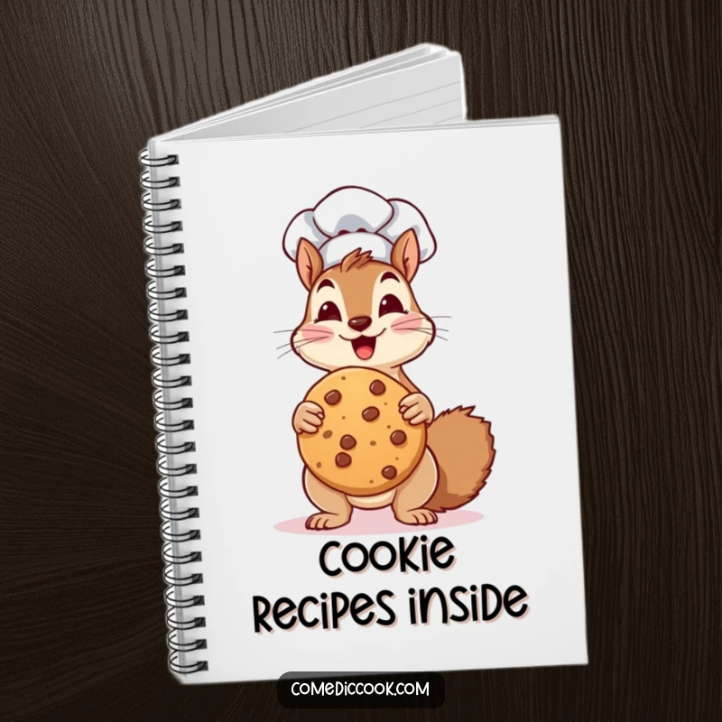 Funny Notebook: a squirrel chef enthusiastically holds a giant cookie, perfect for jotting down culinary ideas with humor.