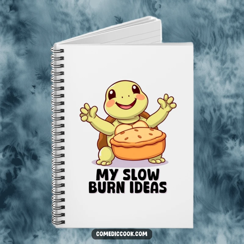 Funny turtle notebook with a joyful turtle triumphantly presenting a baked pie, ideal for recipe writing.
