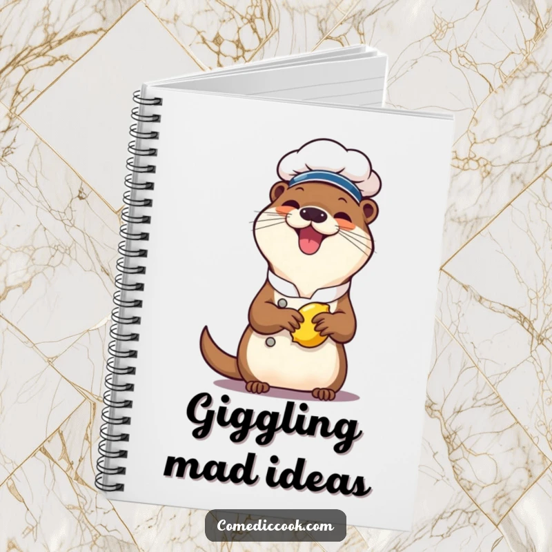 Funny otter chef notebook, a cheerful character giggling while squeezing a lemon, designed for note-taking with a humorous and zesty culinary theme.