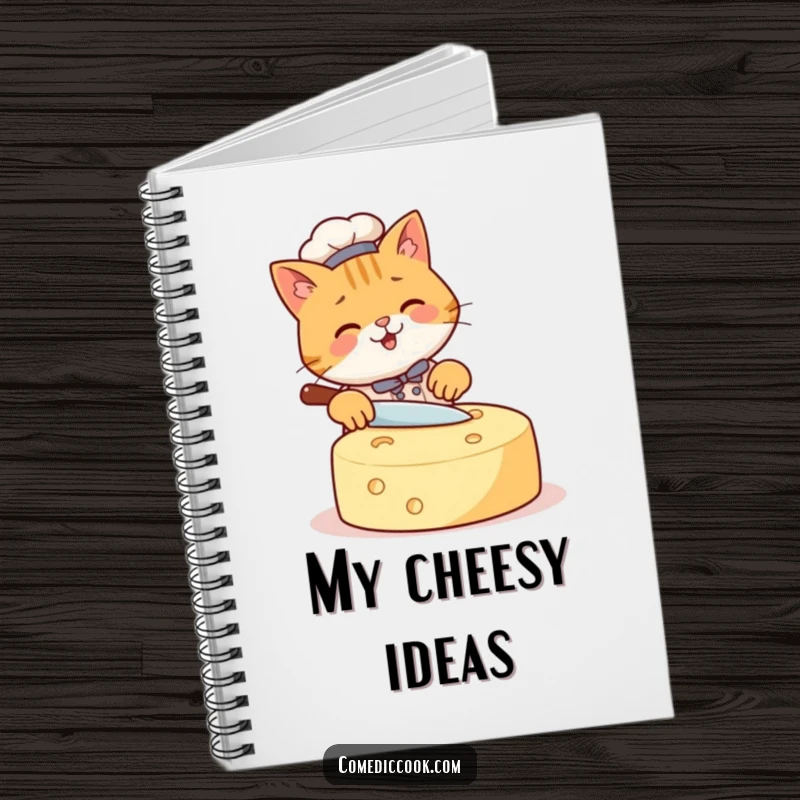 Funny Cat Chef Notebook with a happy cat slicing a giant cheese wheel, ideal for jotting down recipes or cheesy thoughts, a humorous gift.