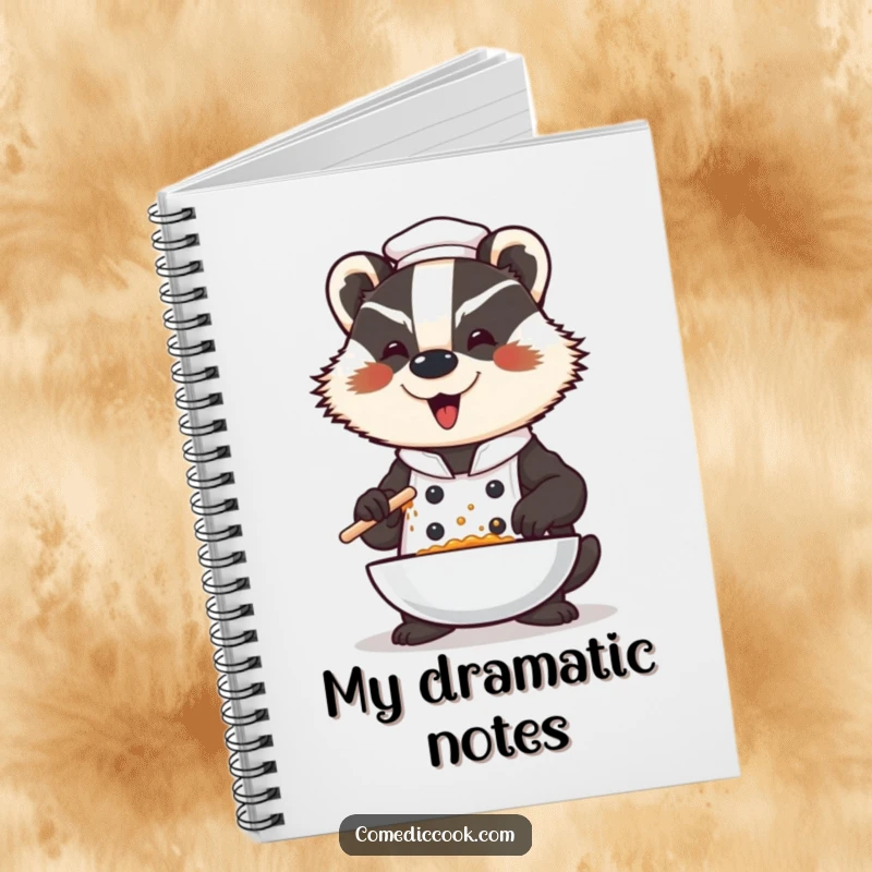 Funny badger chef notebook, a dramatic character seasoning a dish with a flourish, designed for note-taking with a humorous and culinary-themed focus.