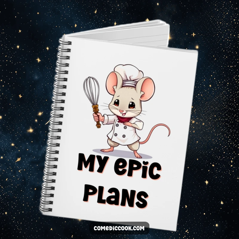 Funny Mouse Chef Notebook with a brave mouse wielding a tiny whisk like a sword, ideal for jotting down ideas or plans, a humorous gift.