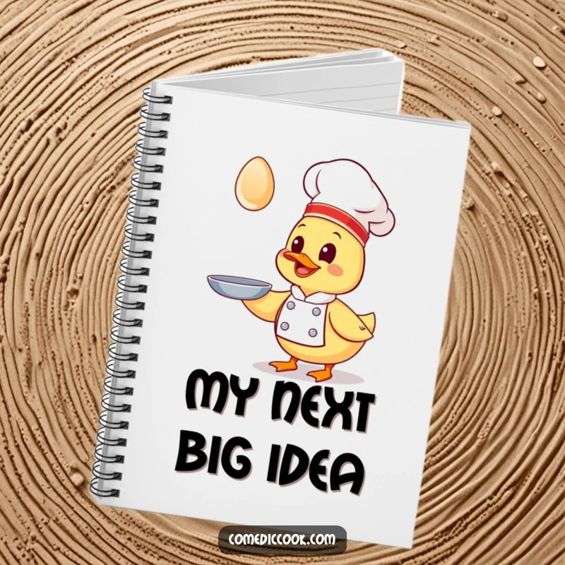 Funny Kawaii duck chef notebook, a giggling duck chef trying to catch a flying egg, perfect for notes and recipes, humorous gift.