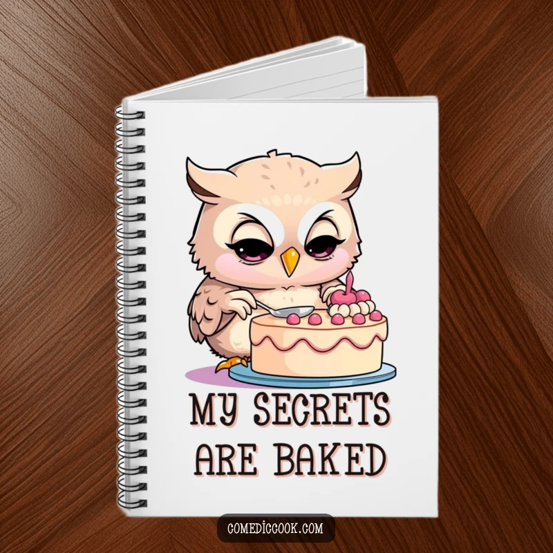Funny owl notebook with a smiling owl baker intently decorating a cake, perfect for recipe writing and notes.