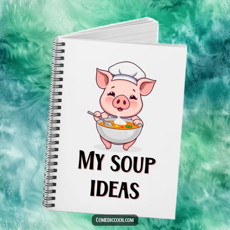 Funny pig chef with a steaming bowl of soup on a notebook cover, encouraging users to jot down ideas with humor.