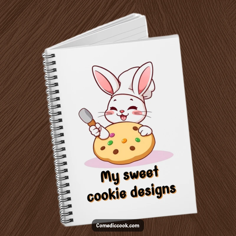 Funny Kawaii rabbit chef notebook with a character frosting a cookie, suitable for recipes.
