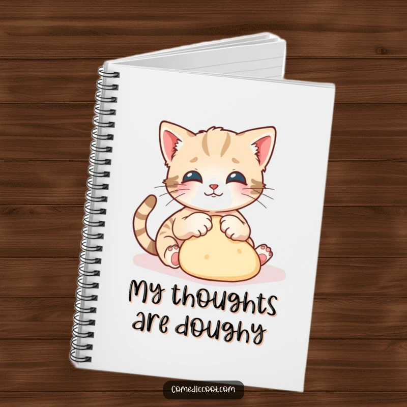 Funny kitten notebook with a playful kitten gracefully kneading dough with tiny paws, ideal for recipe writing.
