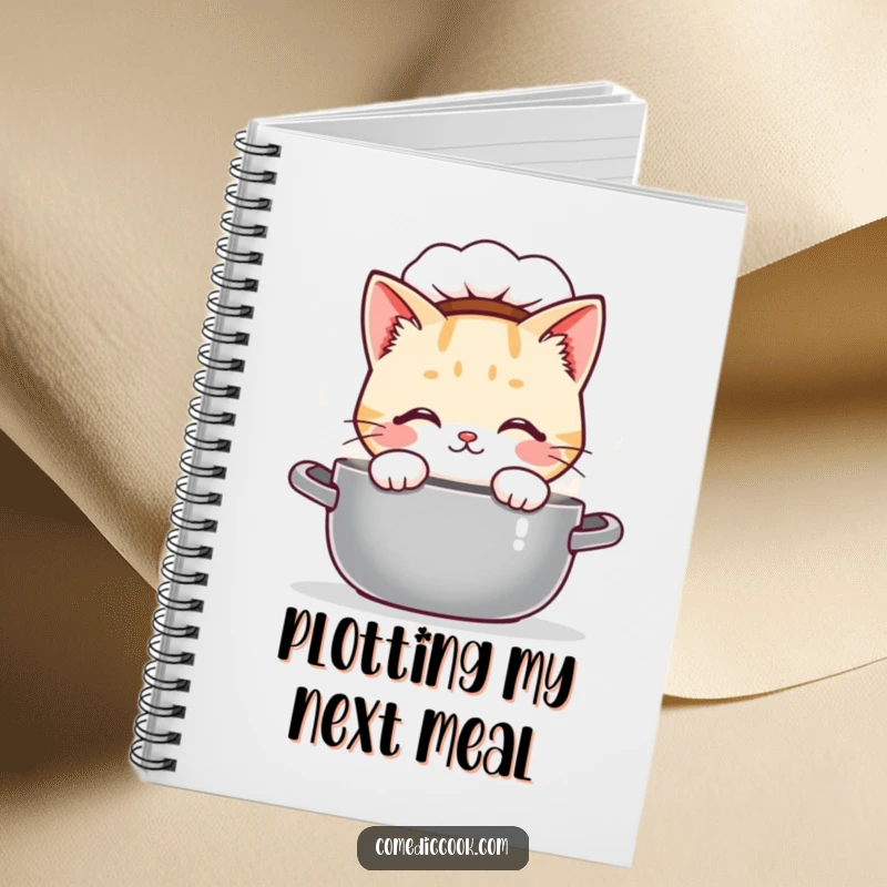 Funny Kawaii cat chef notebook, showing a curious cute cat peeking into a steaming pot. Ideal for recipes and notes, a great funny gift.