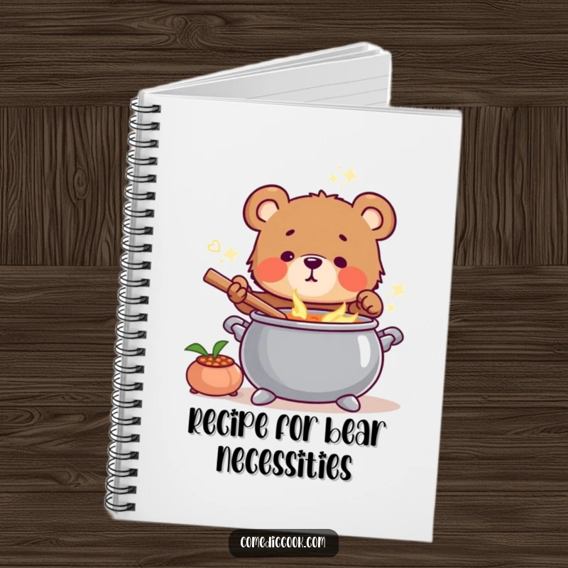 Funny Bear Cub Chef Notebook with a bear cub stirring soup, designed for budding chefs and recipe writers.