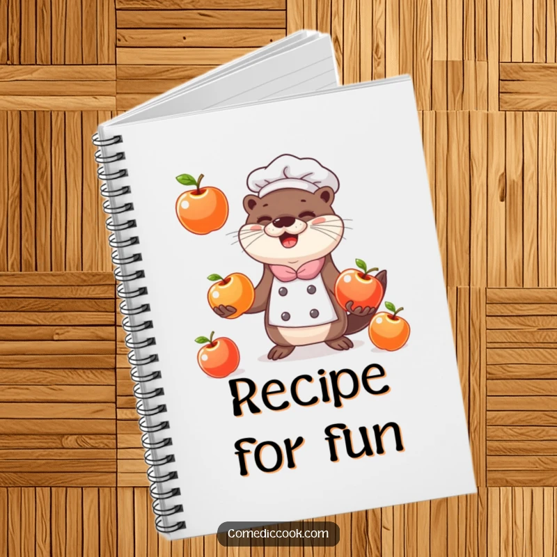 Funny happy otter chef juggling three shiny apples on the cover of a humorous notebook.