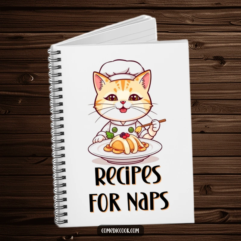 Funny cat chef notebook, a determined kitten chef holding a plate of food, ideal for jotting down recipes with humor.