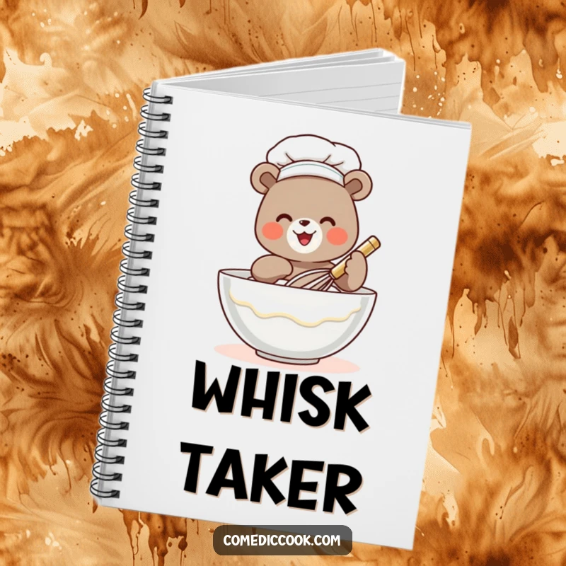 Funny bear chef notebook with a tiny whisking bear, ideal for jotting down recipes, notes, or funny thoughts.