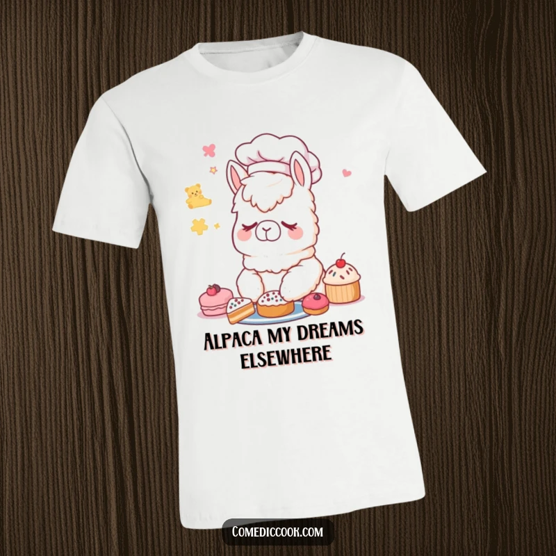 Funny Alpaca Chef T-Shirt: A sleepy alpaca in a chef's hat is napping peacefully, dreaming of sweet pastries.