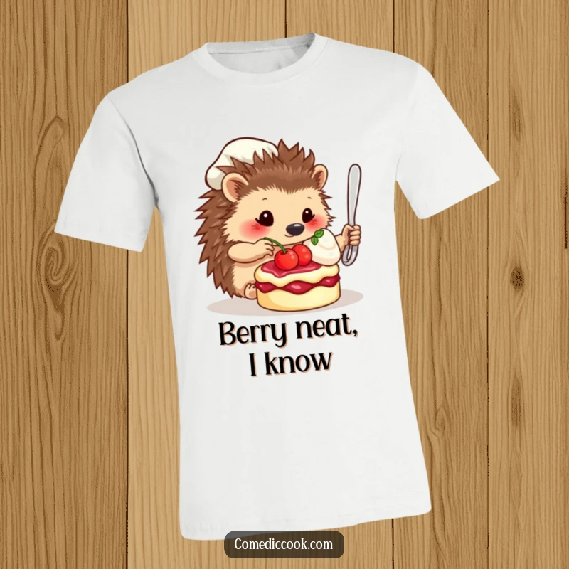 Funny T-Shirt: A charming hedgehog chef meticulously decorates a miniature dessert, embodying a passion for perfect pastry.
