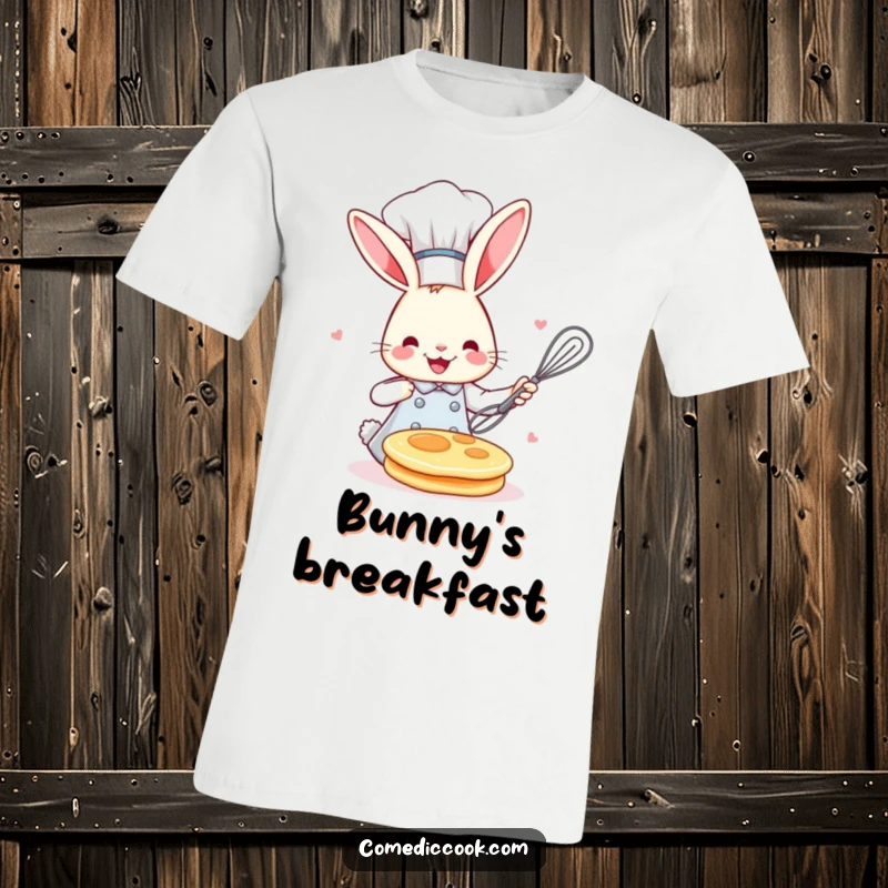 Funny cheerful bunny chef wearing a tall toque, flipping a pancake with a whisk, showcasing culinary skill and a playful spirit.