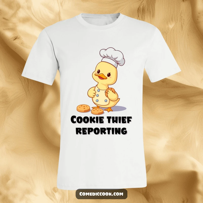 Funny smiling duckling chef carefully gathering a tiny cookie on a comfortable graphic tee.