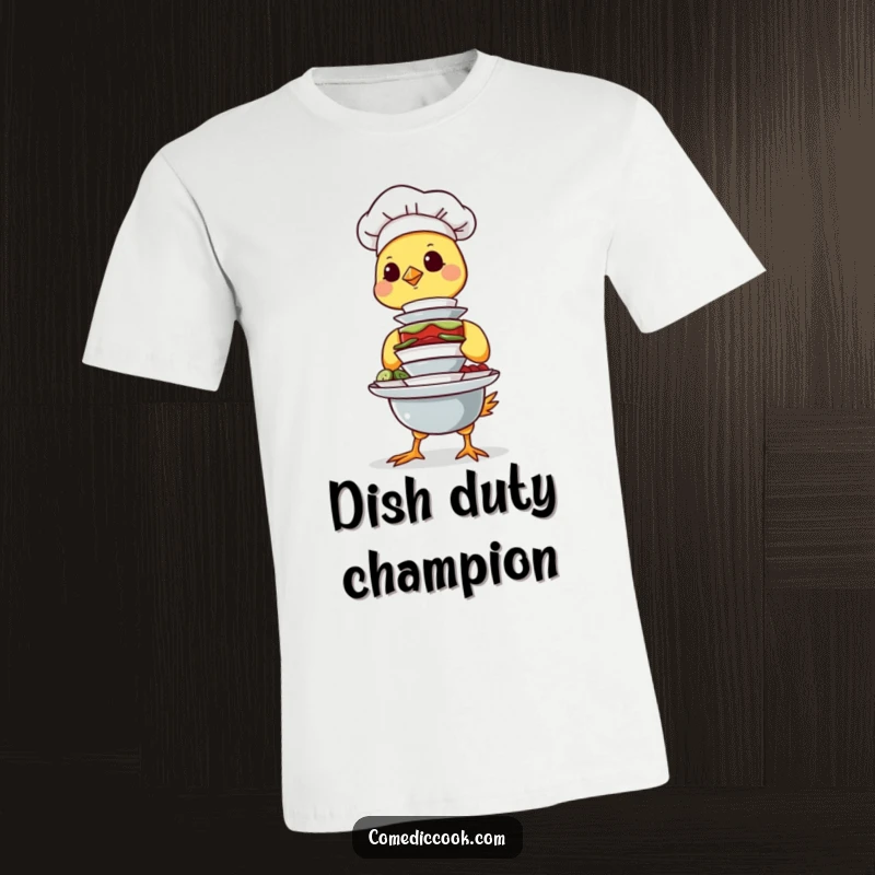 Funny Chick Chef T-Shirt featuring a determined chick chef skillfully balancing a precarious stack of very small dishes, a humorous and inspiring gift.
