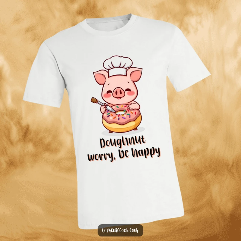Funny Kawaii pig chef t-shirt, smiling pig decorating a donut with sprinkles. Cute happy baker apparel and a lovely funny gift.