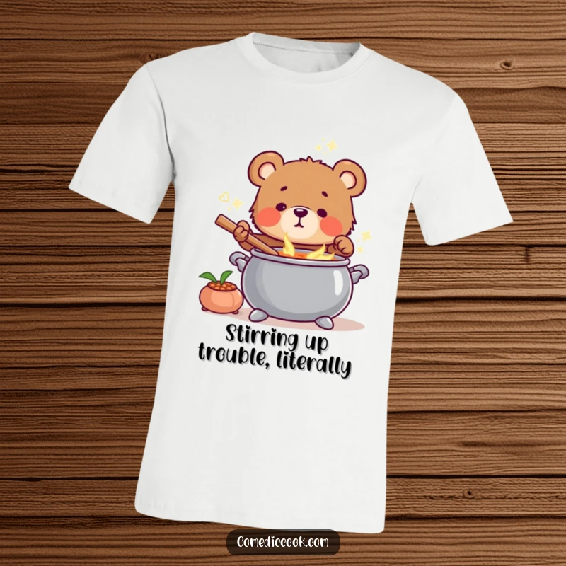 Funny Bear Cub Chef T-Shirt featuring a playful cub stirring a cauldron of soup, radiating warmth.