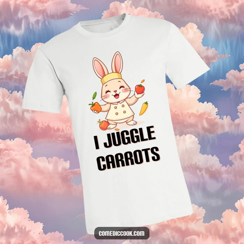 Funny bunny chef t-shirt showcasing a cute bunny juggling tiny vegetables, ideal for food lovers and those with a playful spirit.