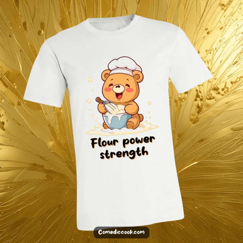 Funny t-shirt with a kawaii chef bear whisking batter in a flour cloud, perfect for humorous baking enthusiasts.